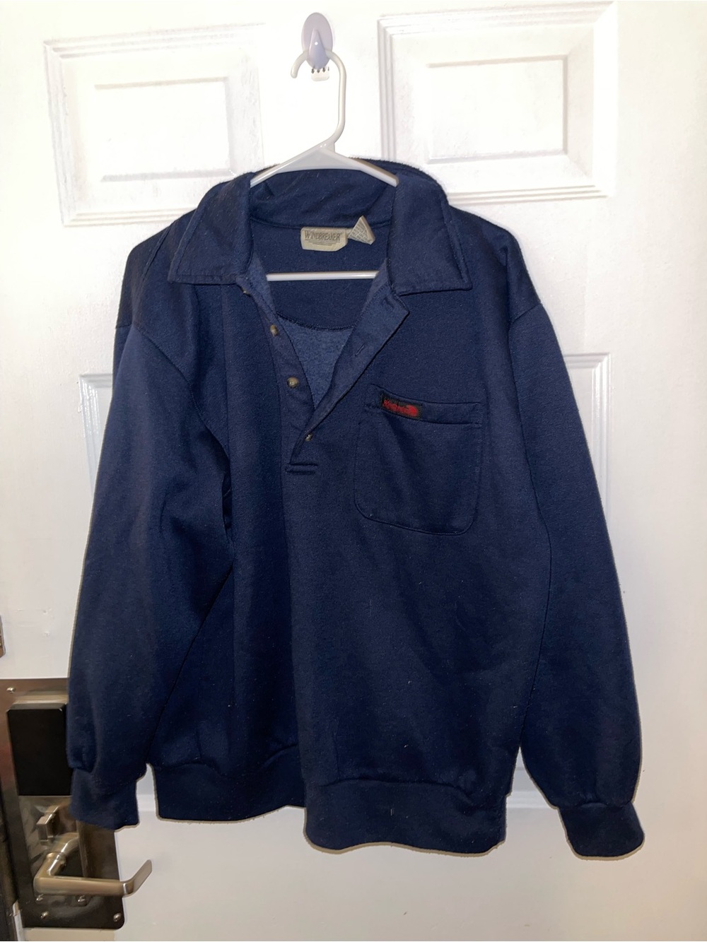 Vintage Windbreaker Navy Pullover Collar Sweatshirt with Chest Pocket - Size L